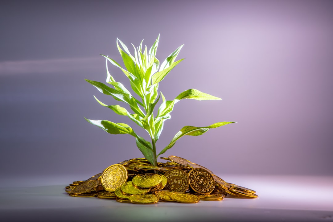 A green seedling growing out of a pile of gold coins