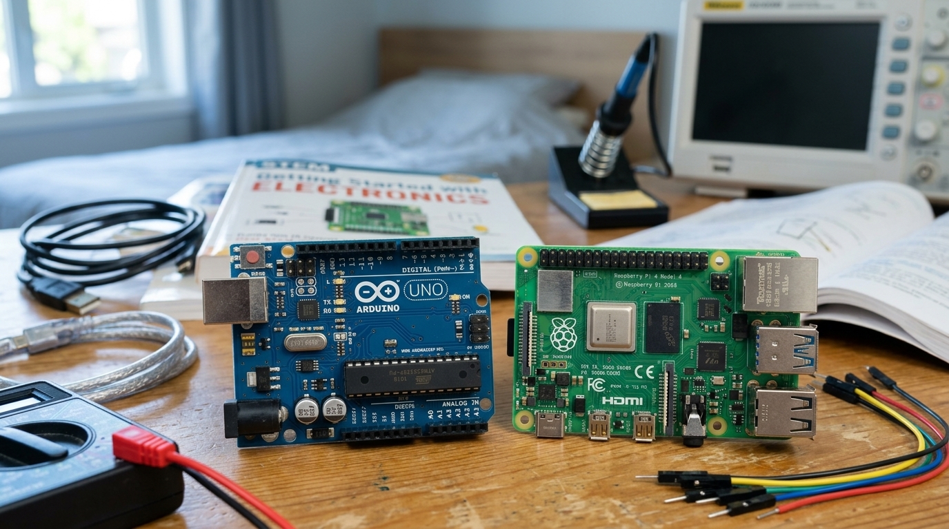 एक Arduino Uno बोर्ड और एक Raspberry Pi किशोर के electronics workbench पर — original hero illustration