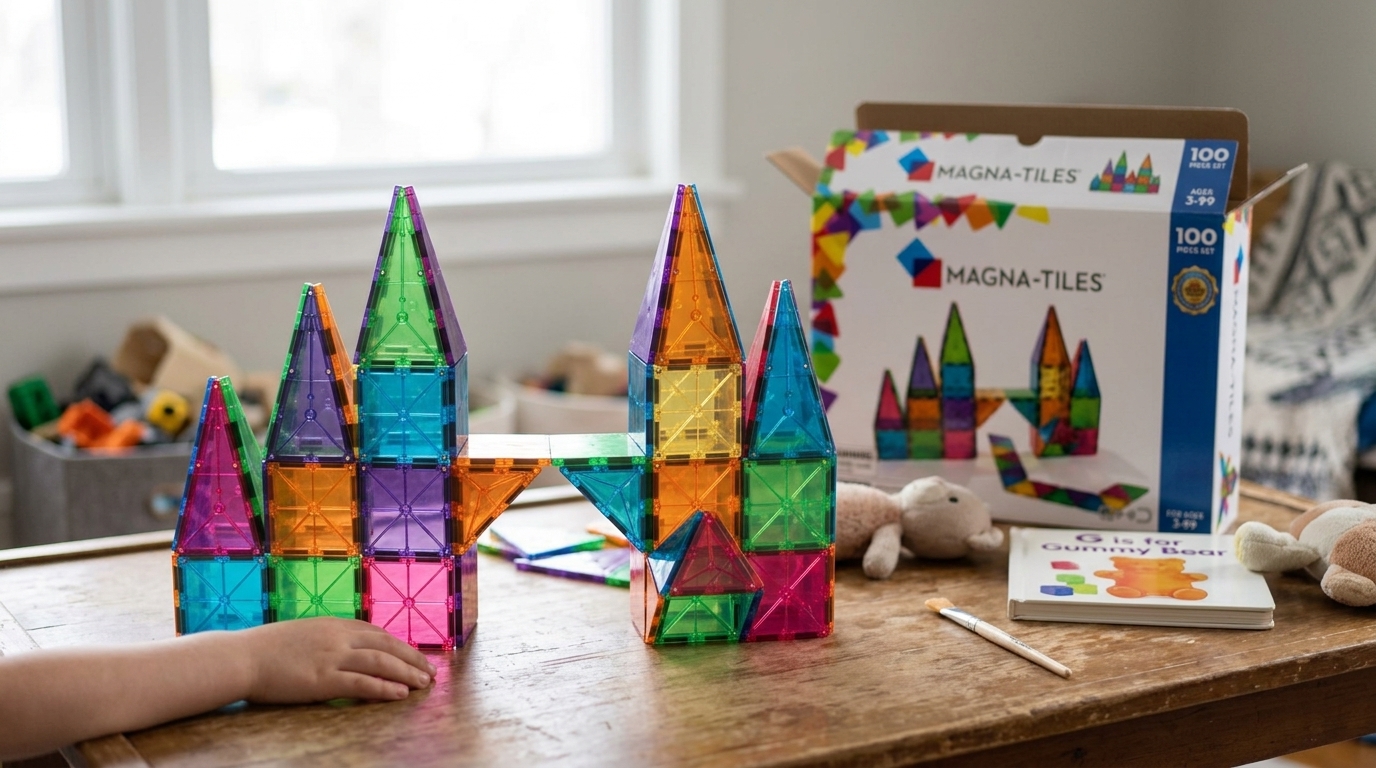 Magna-Tiles Classic 100 pezzi — piastrelle magnetiche translucide per bambini piccoli, illustrazione principale originale