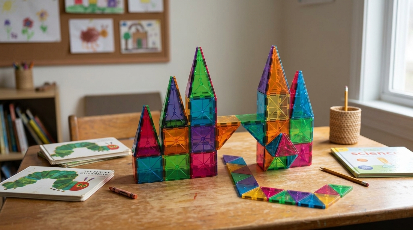 colorful translucent magnetic building tiles and STEM learning toys on a school desk — original hero illustration
