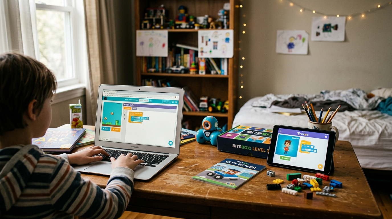 kids coding platforms: Bitsbox, Tynker, Code.org — original hero illustration