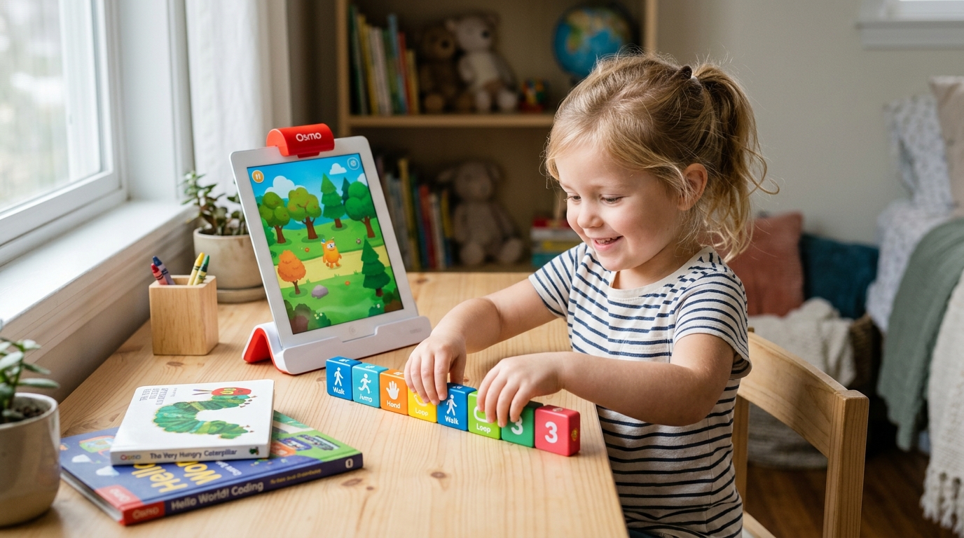 مجموعة Osmo Coding Starter Kit — طفل صغير يرتب كتل ترميز مغناطيسية ملونة في صف أمام جهاز لوحي مثبت على قاعدة Osmo على مكتب نظيف — رسم توضيحي أصلي من الذكاء الاصطناعي
