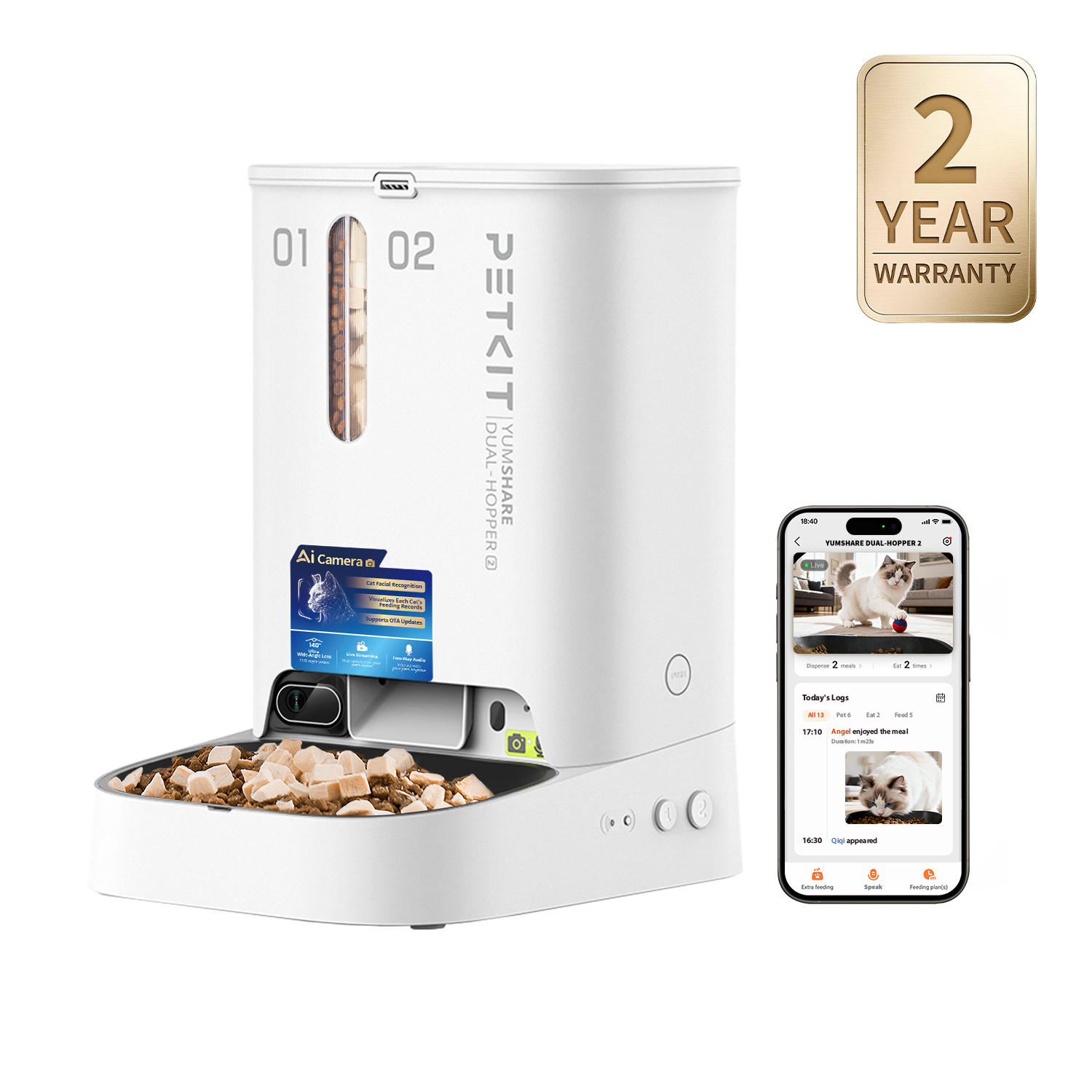 PETKIT YumShare Dual-hopper 2 automatic cat feeder with an AI camera and two stainless bowls