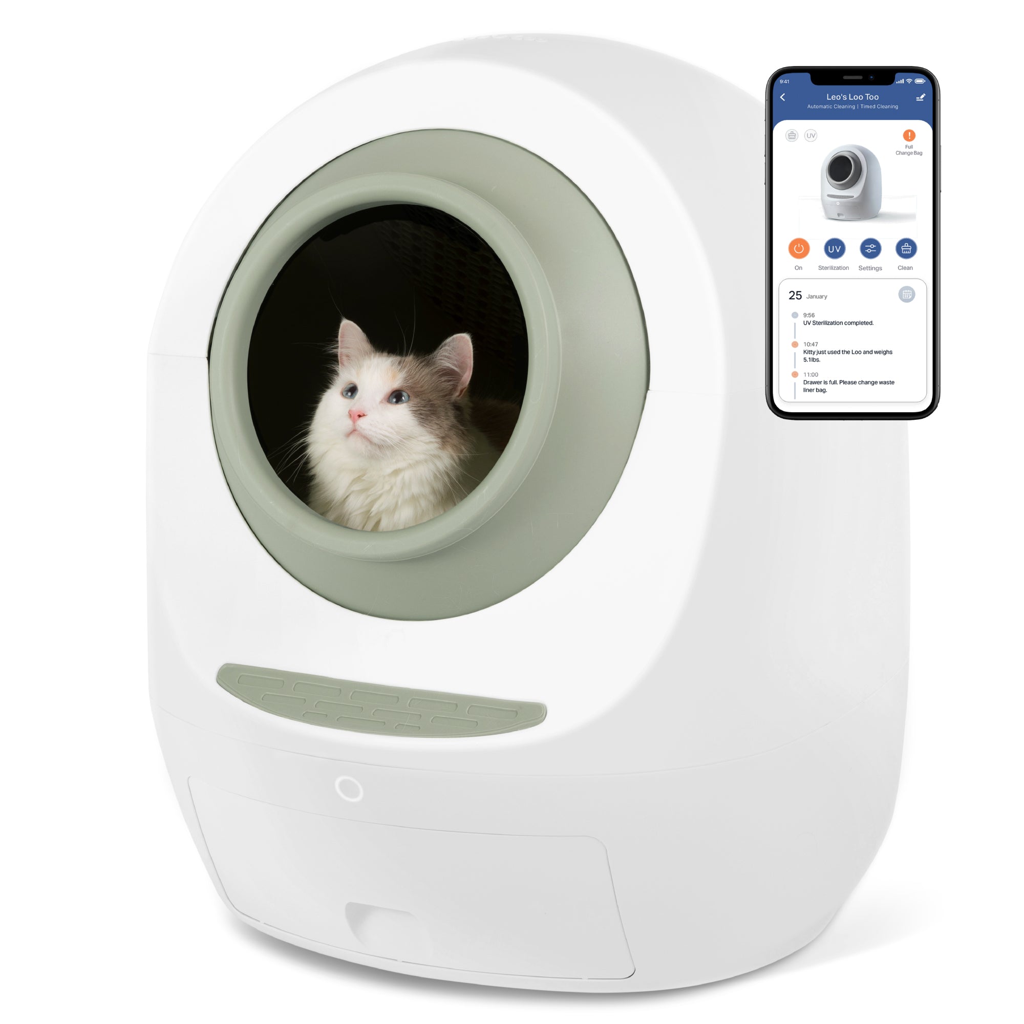 Thùng cát tự động tự làm sạch Leo's Loo Too với mèo bên trong cầu và điều khiển ứng dụng