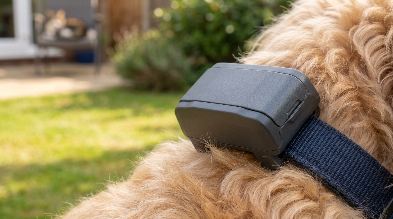 Ein GPS-Tracker, der an einem Hundehalsband befestigt ist, Nahaufnahme, Spaziergang im Freien — originale Hero-Illustration