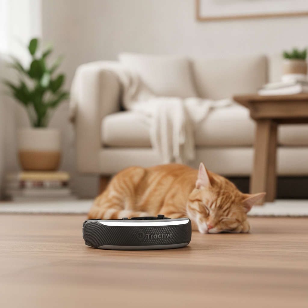 Localizzatore GPS leggero su un collare a sgancio rapido per gatti, tecnologia intelligente per animali domestici — illustrazione hero originale