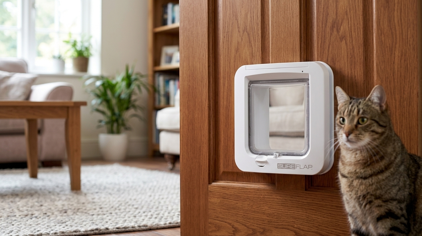 باب قطة ذكي برقاقة التعريف من SureFlap مثبت في باب مع دخول انتقائي — صورة توضيحية أصلية من تصميم ذكي