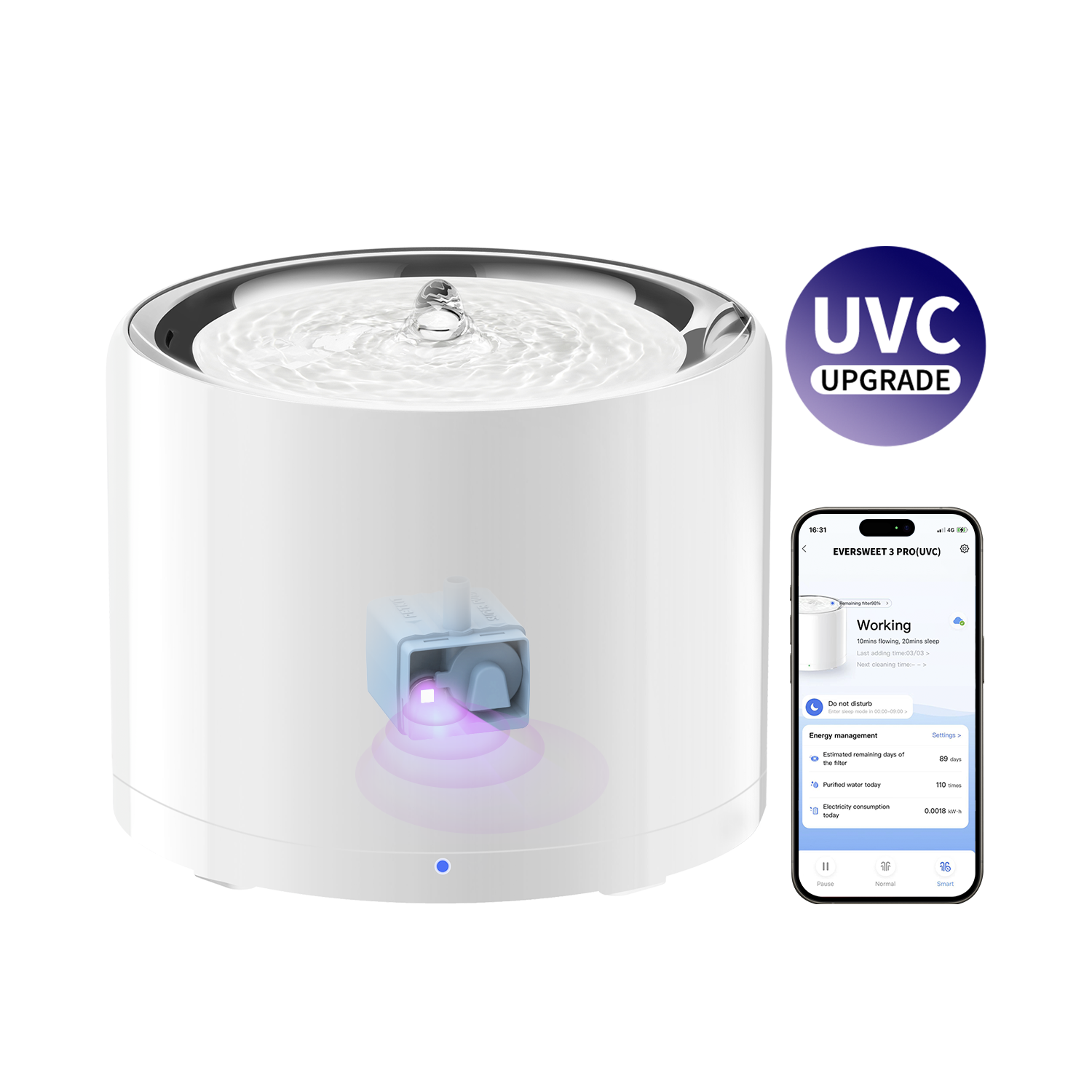 Fontanella per gatti e cani PETKIT Eversweet 3 Pro in acciaio inox con pompa wireless e UVC, foto ufficiale del prodotto