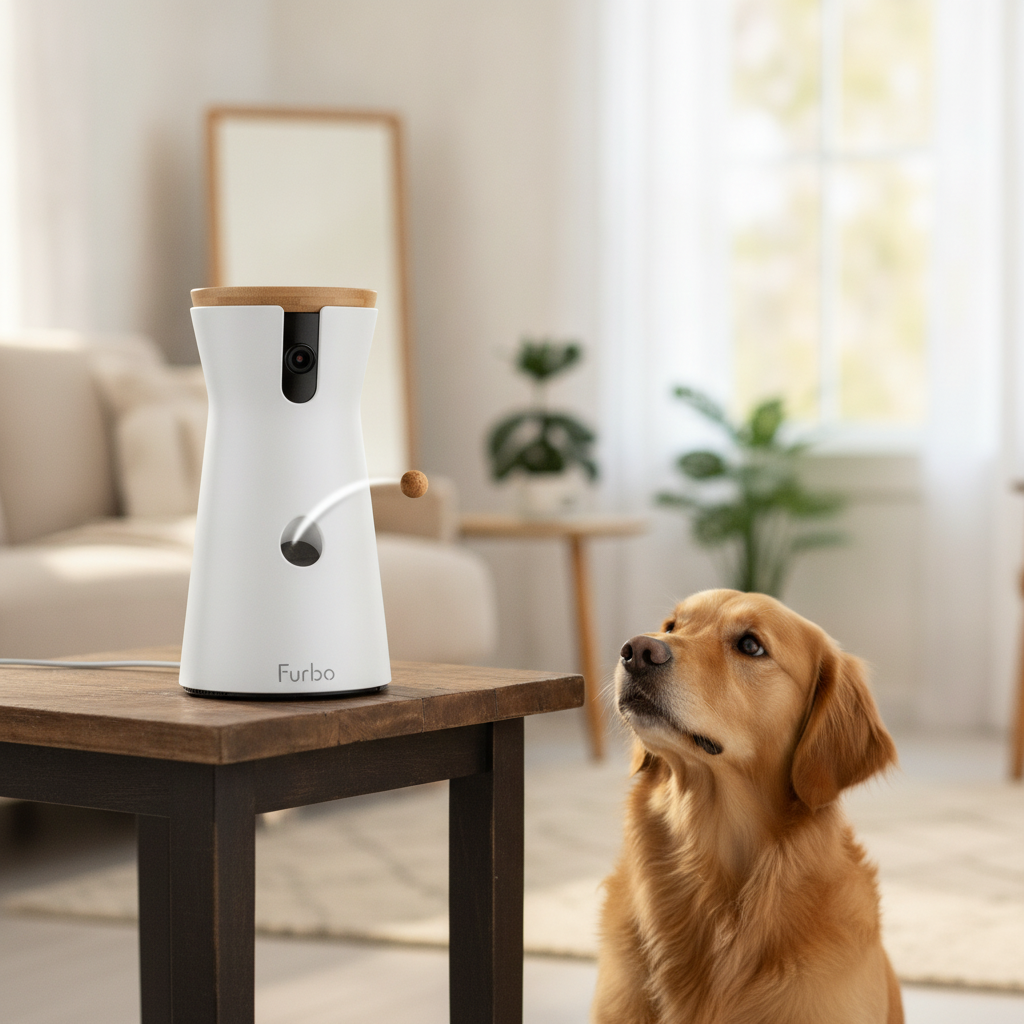 Telecamera per cani Furbo 360 che lancia snack su un tavolino in casa — illustrazione originale