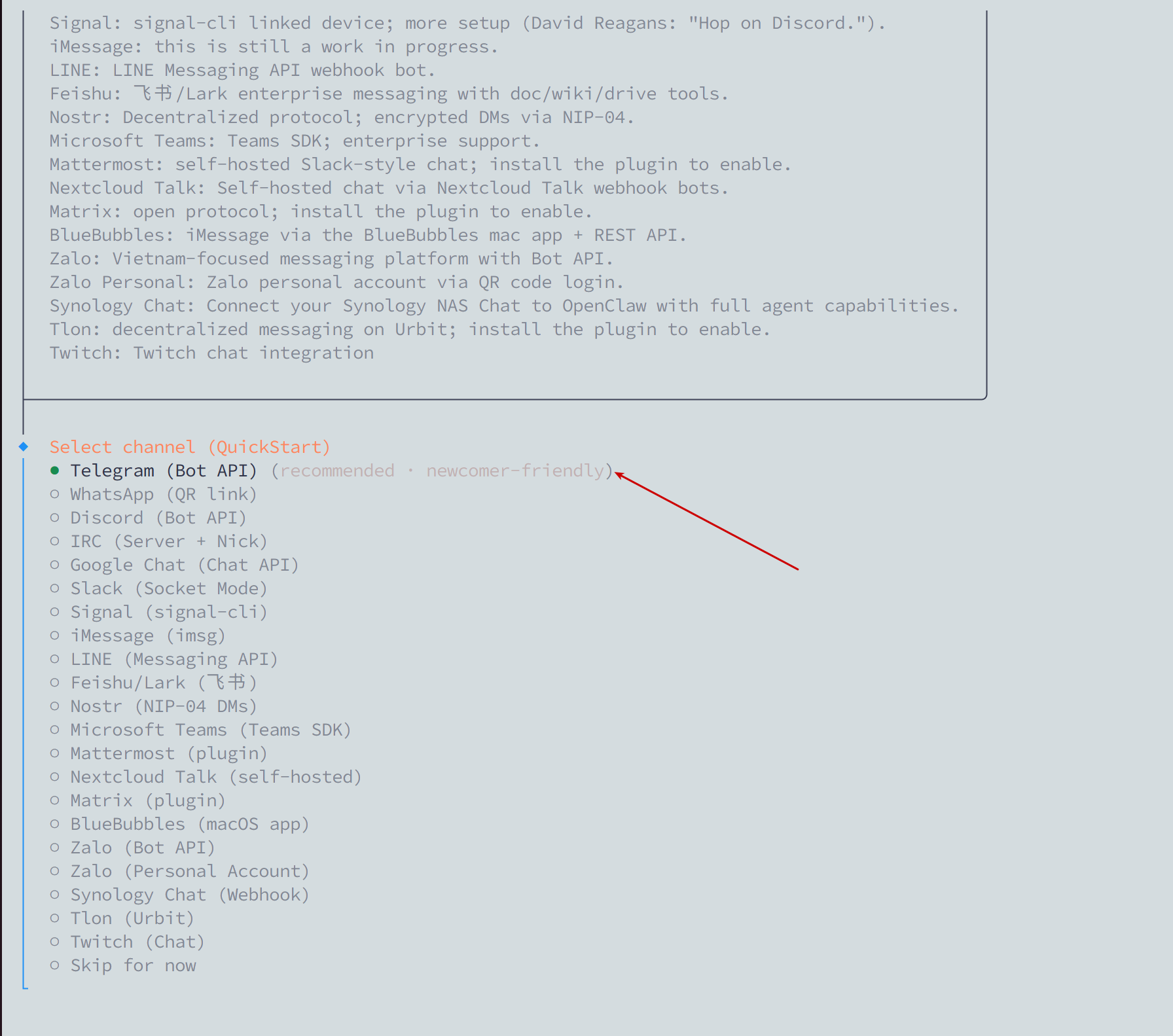 Chọn Telegram làm channel