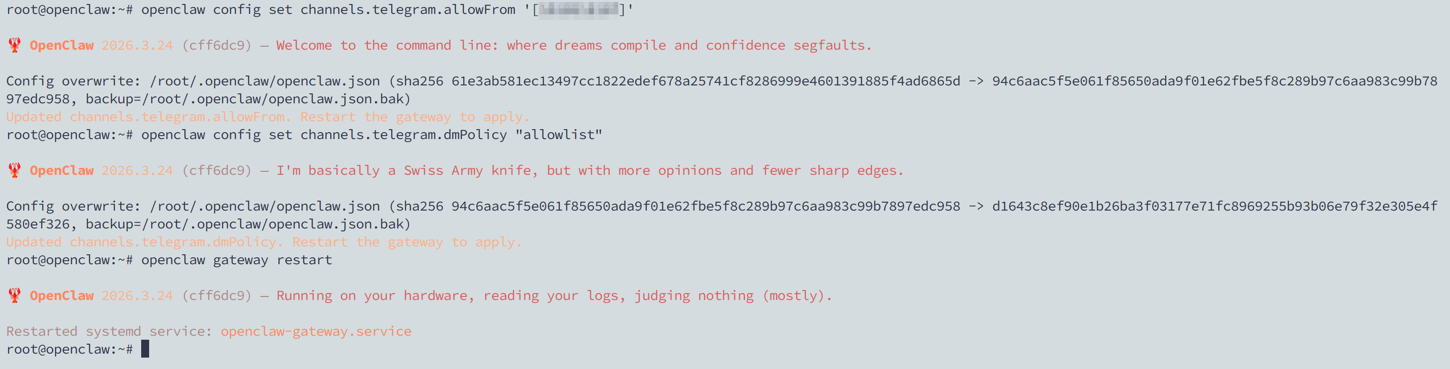 Cấu hình Telegram allowlist và restart gateway