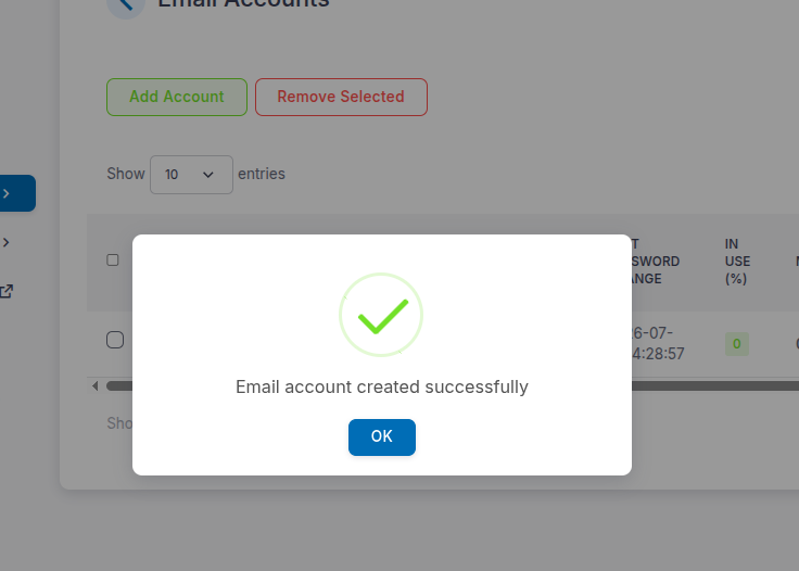 Thông báo tạo tài khoản email thành công