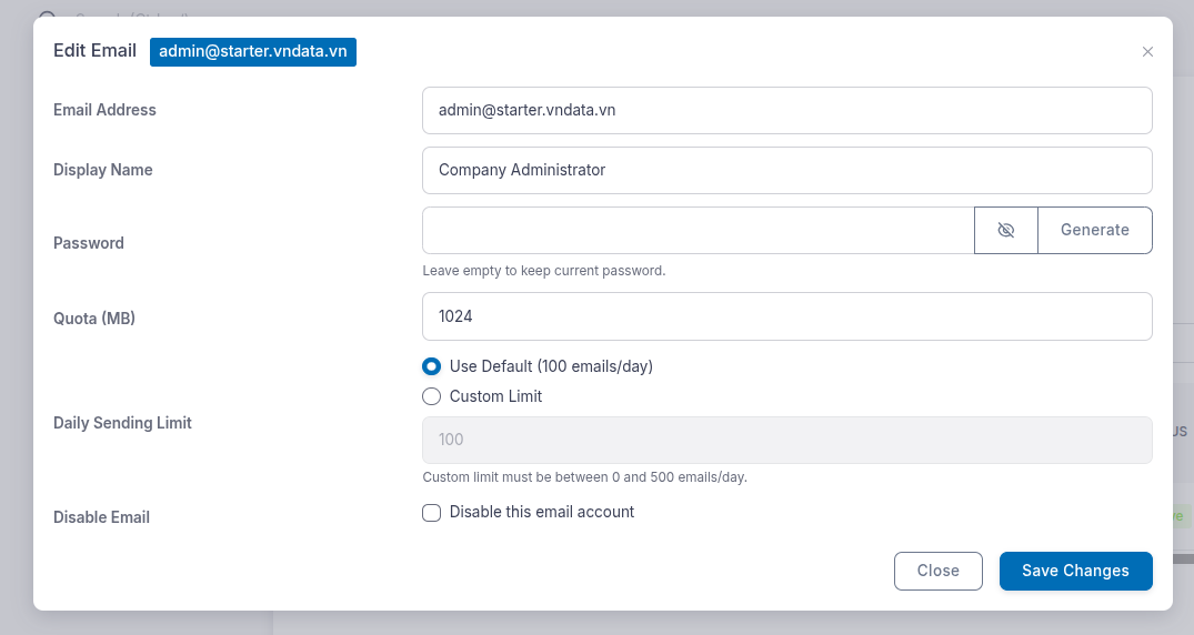 Các tùy chọn chỉnh sửa tài khoản email