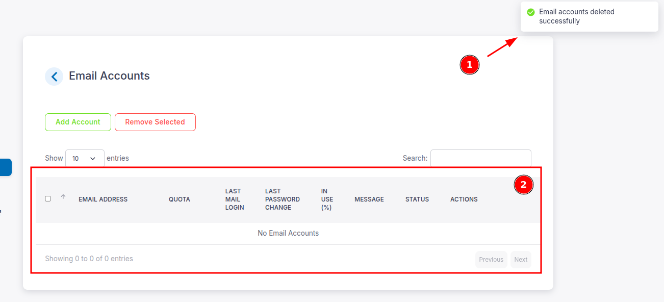 Thông báo tài khoản email đã được xóa thành công