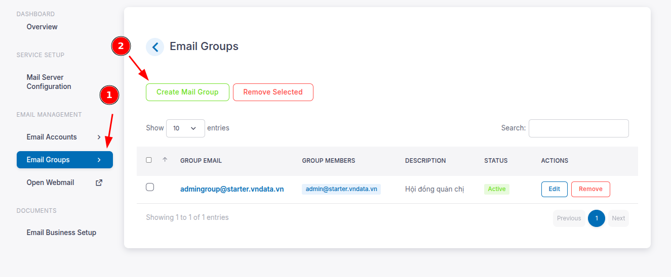 Truy cập trang quản lý Email Groups và chọn Create Mail Group