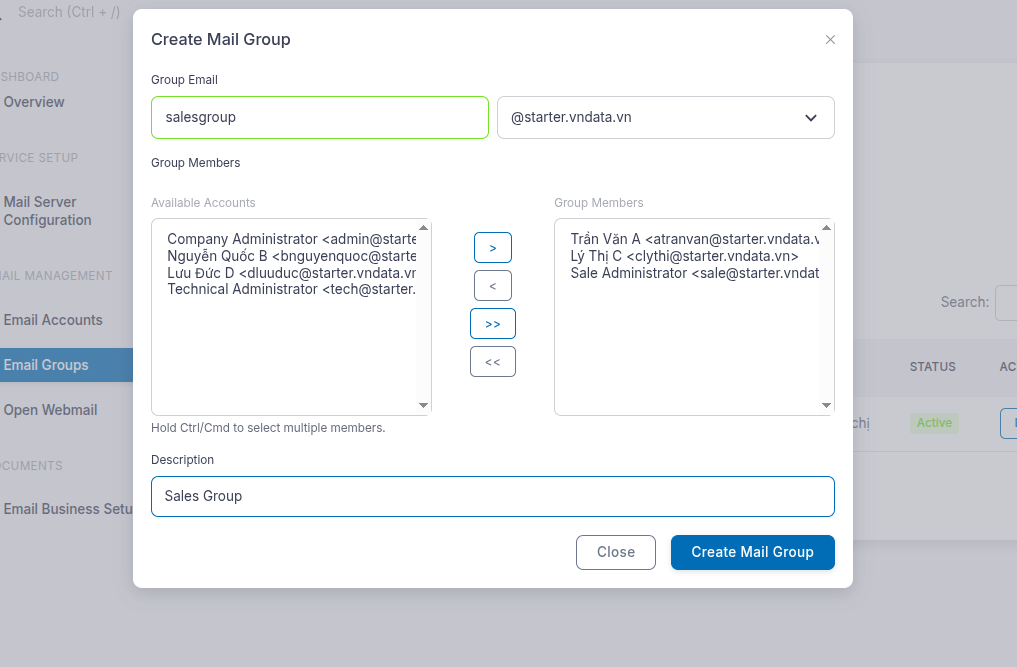 Nhập thông tin và lựa chọn thành viên cho nhóm email