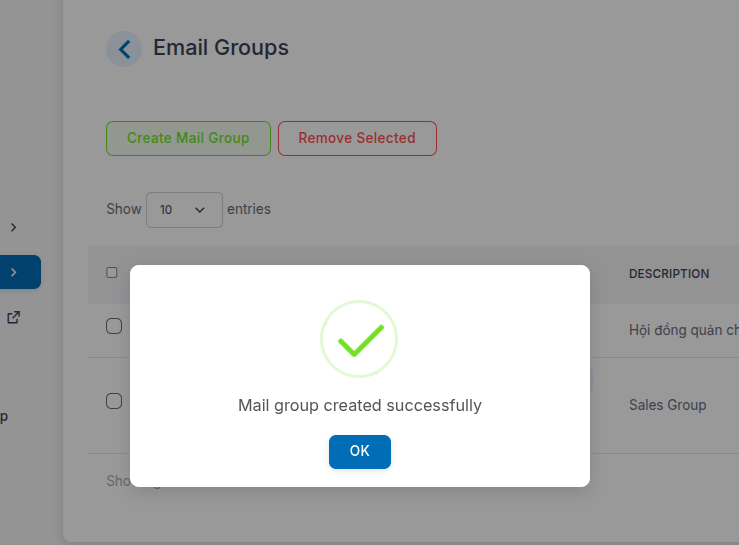 Thông báo tạo nhóm email thành công