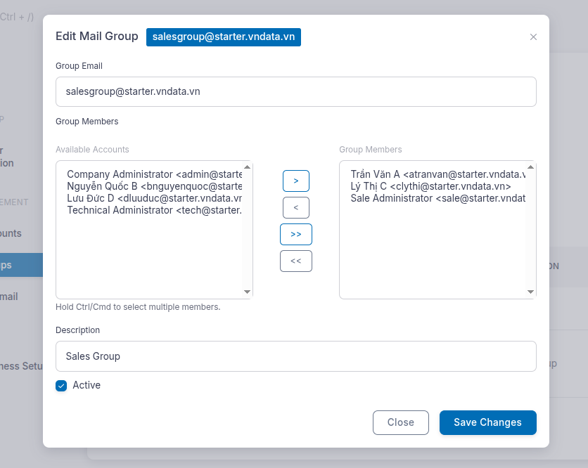 Cập nhật thành viên, mô tả và trạng thái nhóm email