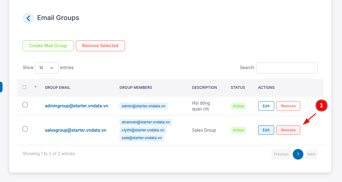 Chọn Remove để xóa nhóm email