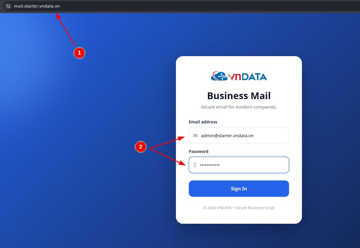 Nhập địa chỉ email và mật khẩu để đăng nhập Webmail