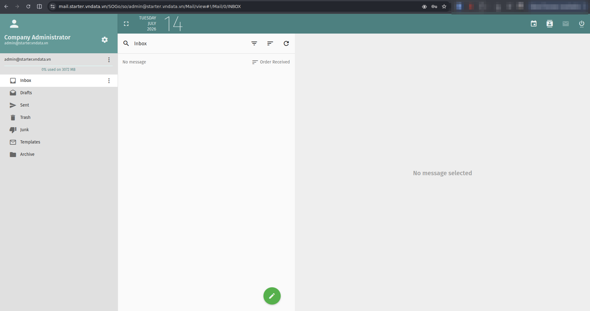 Giao diện chính của Webmail