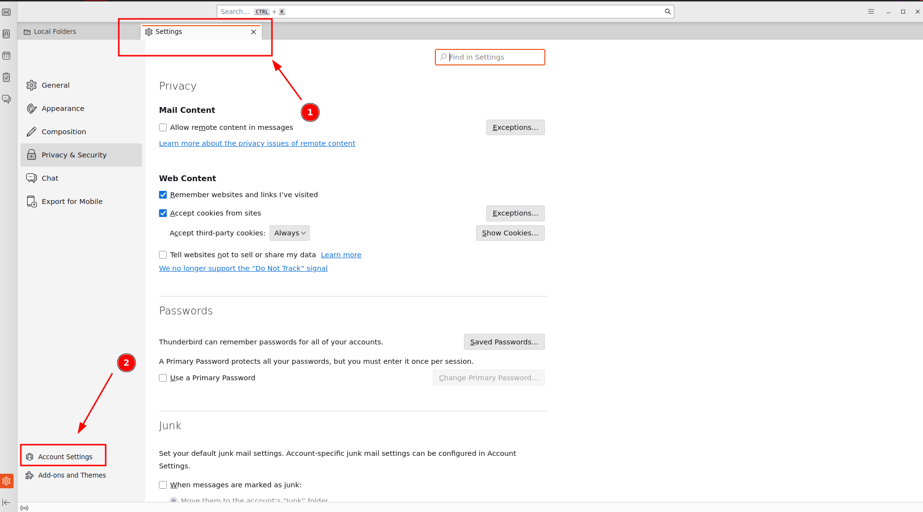 Mở Account Settings trong Thunderbird