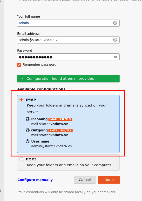Chọn cấu hình IMAP được Thunderbird tự động phát hiện