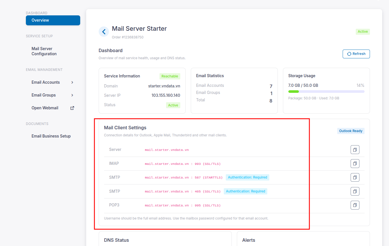 Thông tin Mail Client Settings trên trang quản lý Email Business