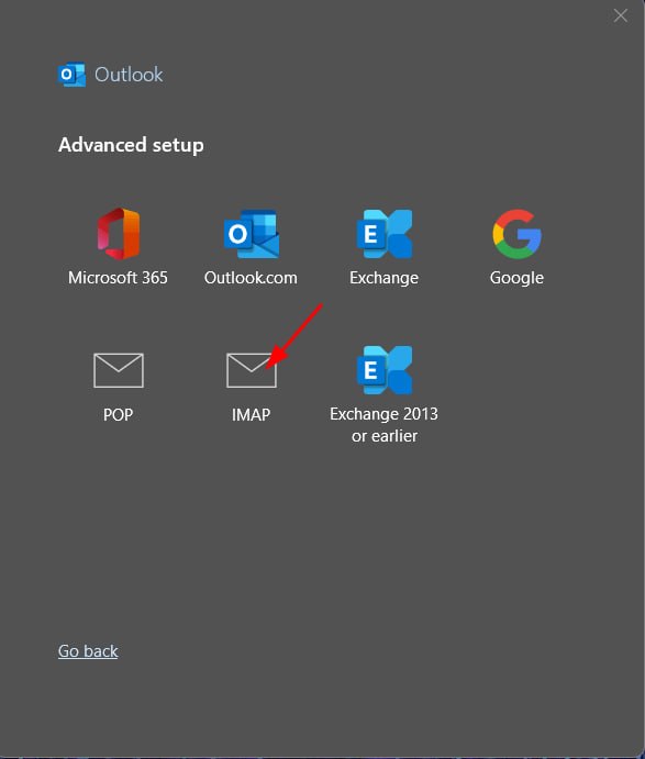 Chọn IMAP trong cửa sổ Advanced setup