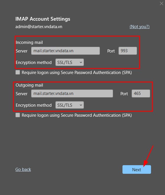 Cấu hình máy chủ nhận thư IMAP và máy chủ gửi thư SMTP
