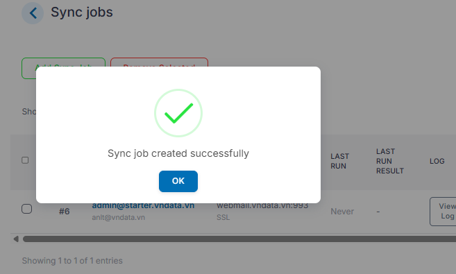 Thông báo Sync Job được tạo thành công