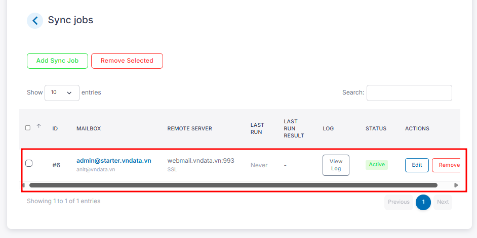 Sync Job hiển thị trong danh sách Migration Tool
