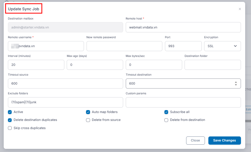 Cập nhật cấu hình trong Update Sync Job