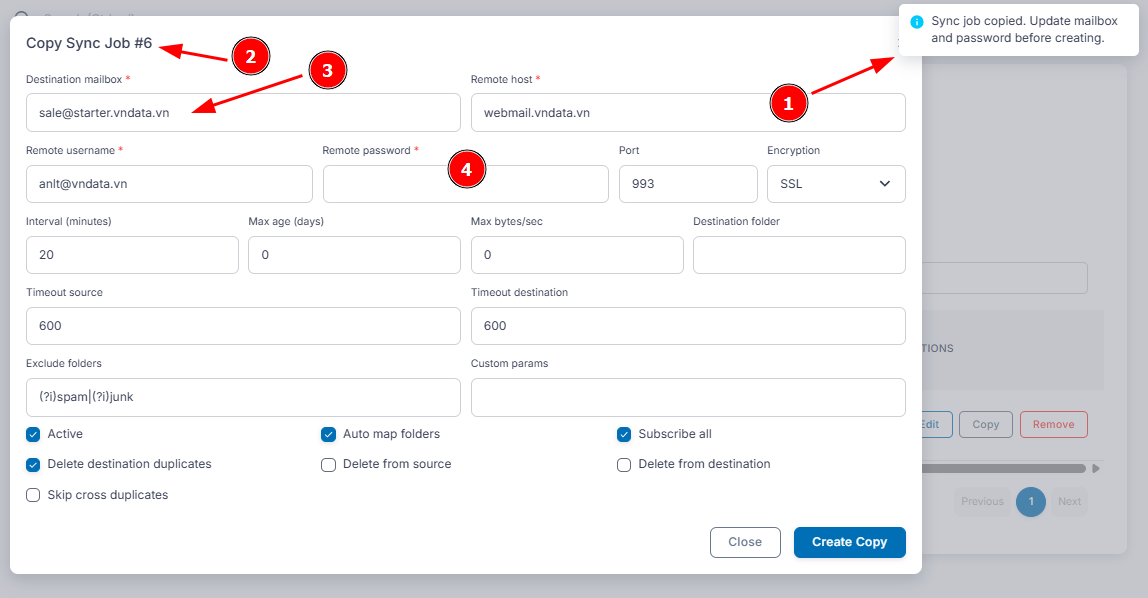 Cập nhật mailbox và mật khẩu khi Copy Sync Job