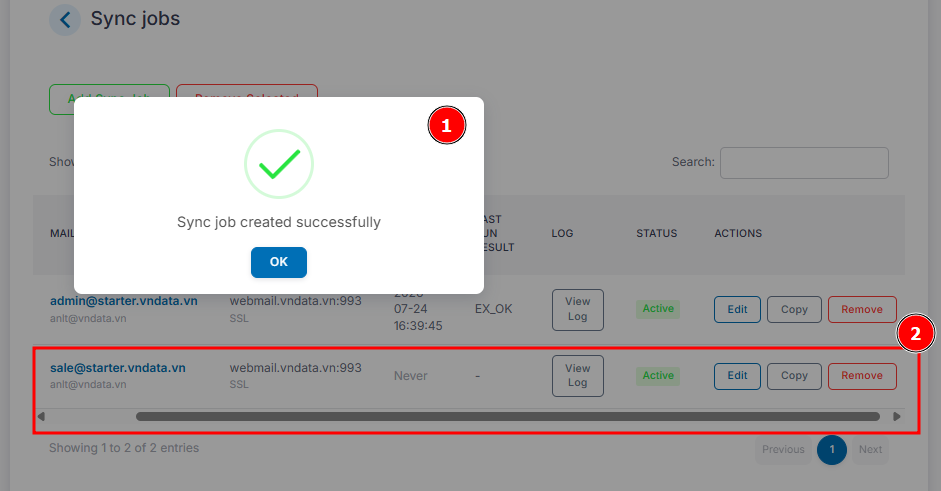 Sync Job mới được tạo từ chức năng Copy