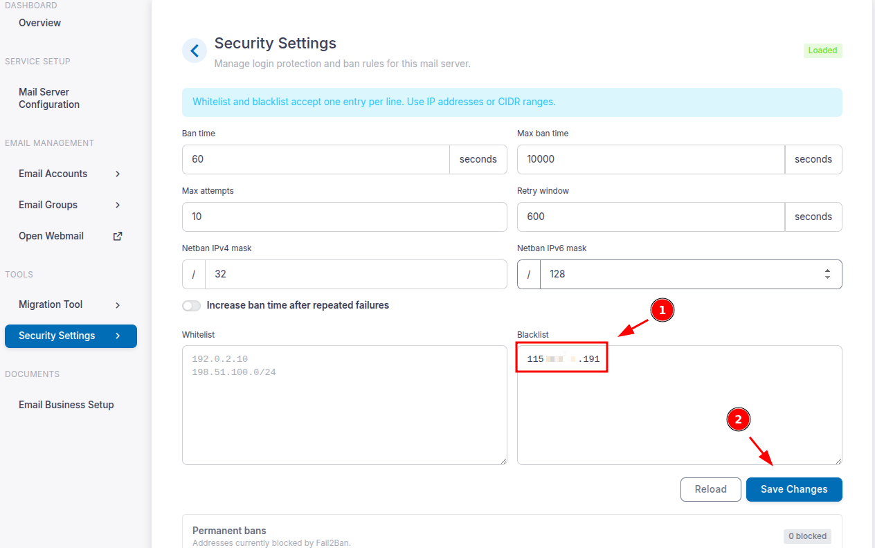 Thêm IP vào Blacklist và chọn Save Changes