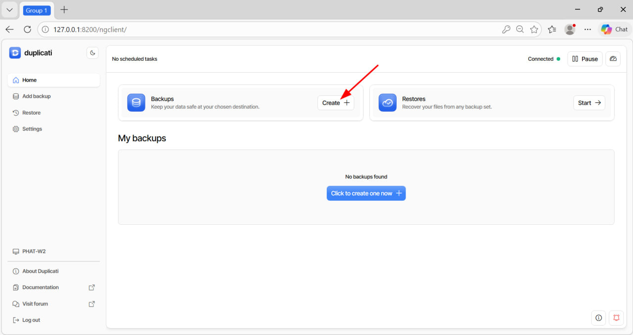 Màn hình chính Duplicati