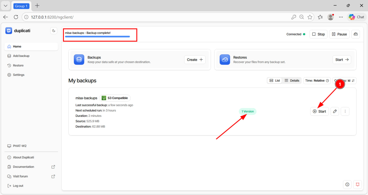 Backup đang chạy — danh sách version