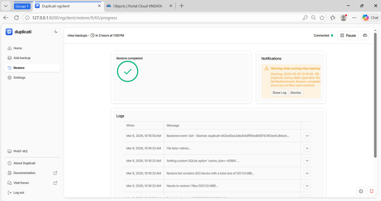 Quá trình restore hoàn tất