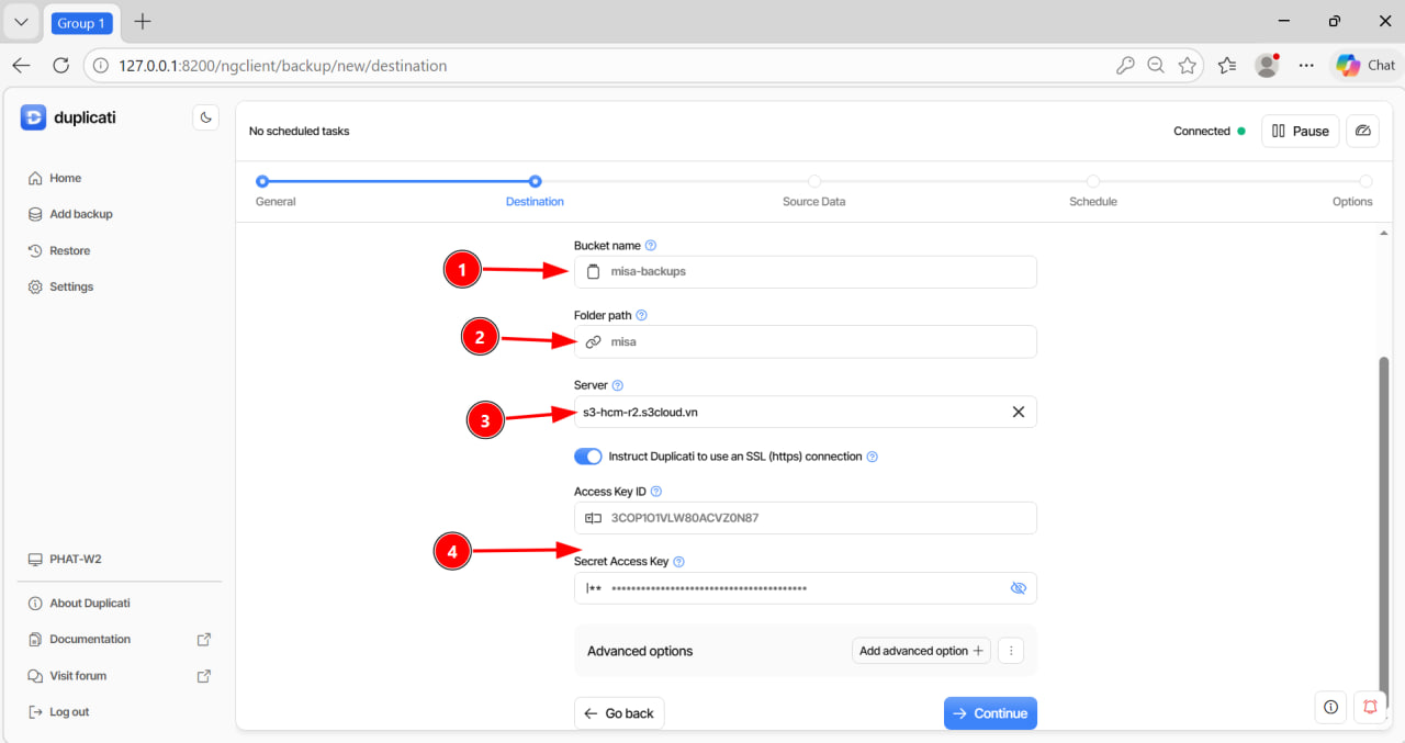 Điền thông tin kết nối S3
