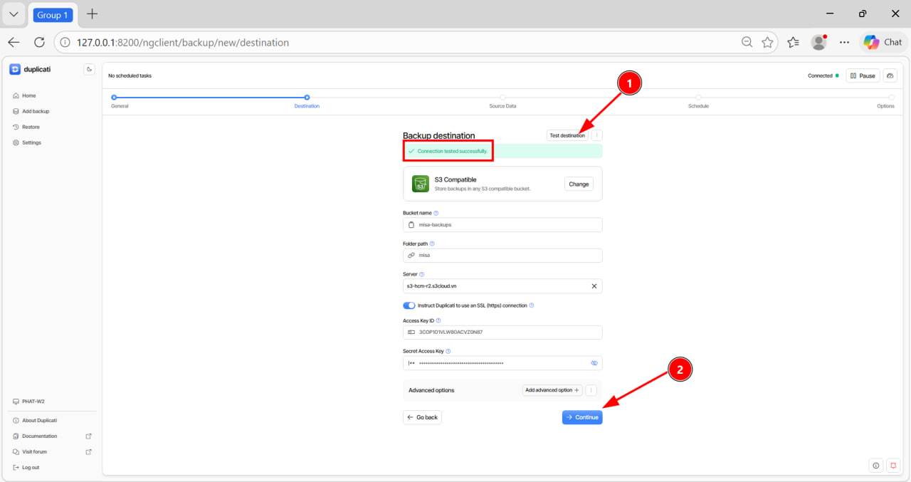 Test destination thành công