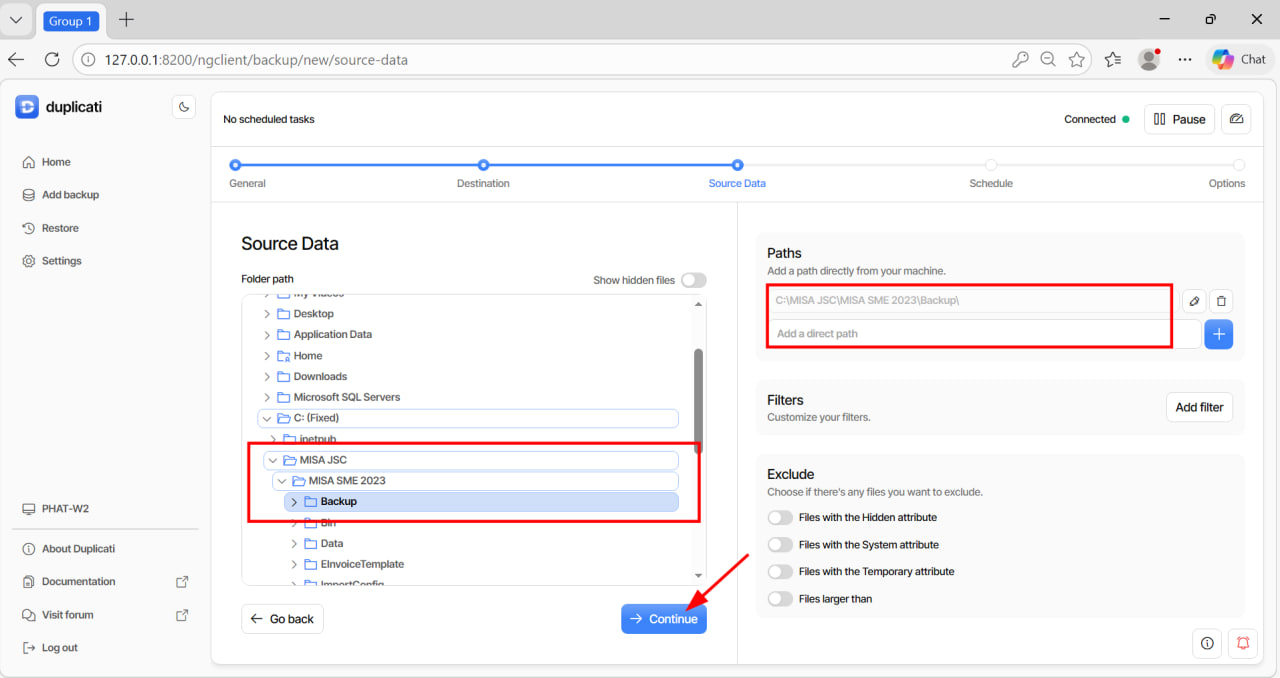 Chọn thư mục nguồn chứa file backup MISA