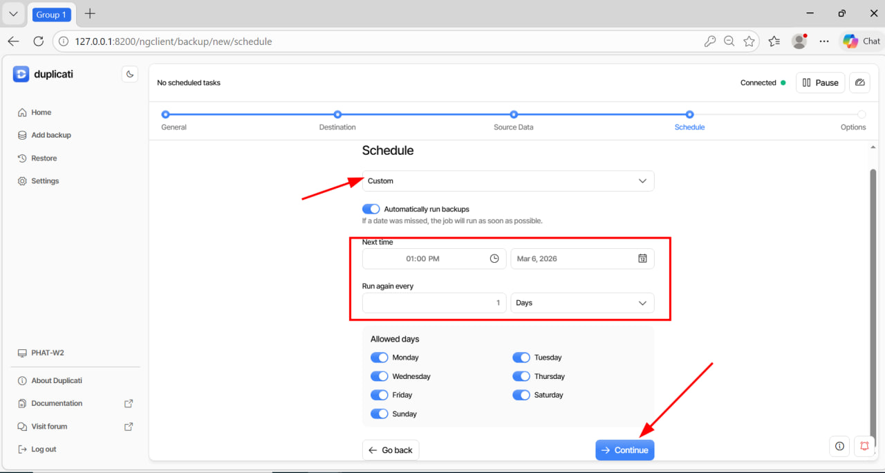 Tùy chỉnh lịch backup