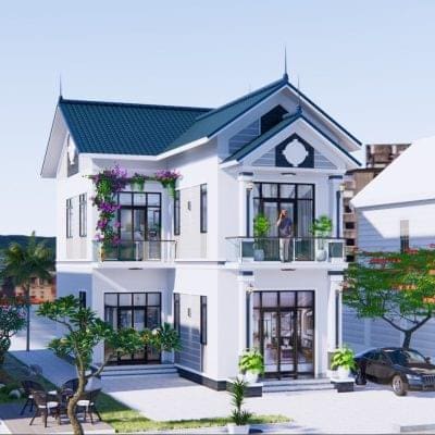 BG418 Nhà mái Thái 2 tầng phòng ngủ chữ L đẹp 3 7.5x13.6m