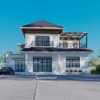 BG149 - Mẫu thiết kế nhà mái Nhật 2 tầng 5 phòng ngủ kích thước 14,5x15m